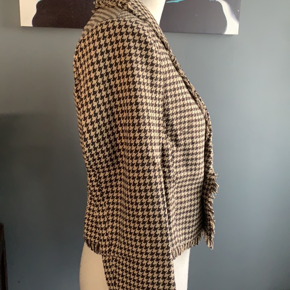 Love Riche Tan Brown Houndstooth Frayed Edging Lined Jacket Blazer NWT - Picture 6 of 16
